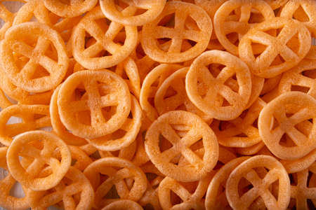 Flour cracklings. Also known as duros, duritos, Mexican wagon wheels or pinwheels, they are a very popular snack made from flour, commonly accompanied with hot sauce and lemon juice.の写真素材