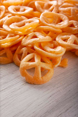 Flour cracklings. Also known as duros, duritos, Mexican wagon wheels or pinwheels, they are a very popular snack made from flour, commonly accompanied with hot sauce and lemon juice.の写真素材