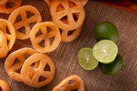 Flour cracklings. Also known as duros, duritos, Mexican wagon wheels or pinwheels, they are a very popular snack made from flour, commonly accompanied with hot sauce and lemon juice.の写真素材
