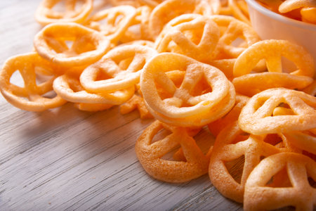 Flour cracklings. Also known as duros, duritos, Mexican wagon wheels or pinwheels, they are a very popular snack made from flour, commonly accompanied with hot sauce and lemon juice.の写真素材