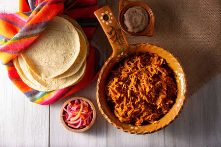 Cochinita pibil. Typical Mexican stew from Merida, Yucatan, made from pork marinated with achiote and generally accompanied with beans and red onion with habanero chili, it can be eaten in tacos.の写真素材