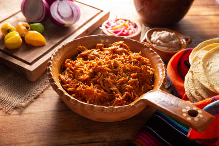 Cochinita pibil. Typical Mexican stew from Merida, Yucatan, made from pork marinated with achiote and generally accompanied with beans and red onion with habanero chili, it can be eaten in tacos.の写真素材