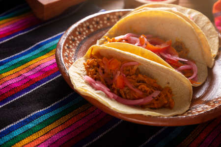 Cochinita Pibil Tacos. Typical Mexican stew from Yucatan, made from pork marinated with achiote and generally accompanied with beans and red onion with habanero chiliの写真素材
