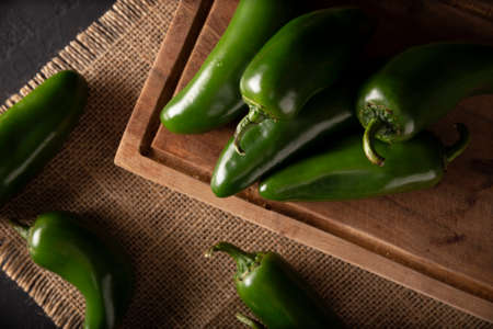 Serrano Chile or Green Chile. (Capsicum annum). Very popular variety of hot chili in Mexican cuisine, it is commonly consumed fresh in a wide variety of sauces and dishes.の写真素材