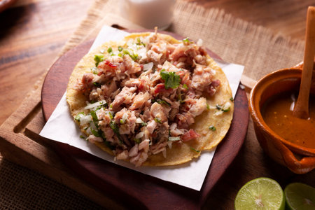 Taco of Carnitas. Cornmeal tortilla with deep fried pork. Traditional Mexican appetizer commonly accompanied by cilantro, onion and hot sauce.の写真素材