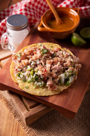 Taco of Carnitas. Cornmeal tortilla with deep fried pork. Traditional Mexican appetizer commonly accompanied by cilantro, onion and hot sauce.の写真素材