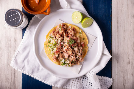 Taco of Carnitas. Cornmeal tortilla with deep fried pork. Traditional Mexican appetizer commonly accompanied by cilantro, onion and hot sauce.の写真素材