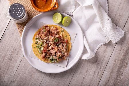 Taco of Carnitas. Cornmeal tortilla with deep fried pork. Traditional Mexican appetizer commonly accompanied by cilantro, onion and hot sauce.の写真素材
