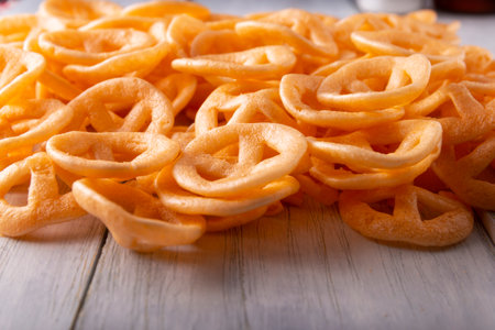 Flour cracklings. Also known as duros, duritos, Mexican wagon wheels or pinwheels, they are a very popular snack made from flour, commonly accompanied with hot sauce and lemon juice.の写真素材