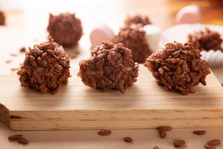 Homemade Caramel Marshmallows covered in chocolate flavor puffed rice, sweet treat easy to make, no baking required, ideal for parties and festivitiesの写真素材