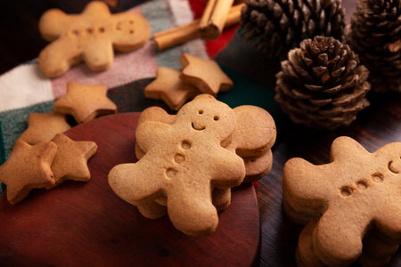 Homemade gingerbread man cookies, traditionally made at Christmas and the holidays.