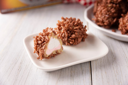 Homemade Caramel Marshmallows covered in chocolate flavor puffed rice, sweet treat easy to make, no baking required, ideal for parties and festivitiesの写真素材