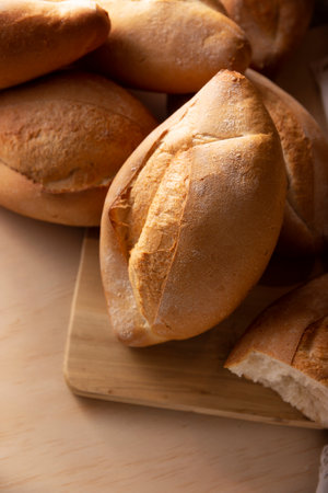 Bobbins. Traditional Mexican bakery. White bread commonly used to accompany food and to prepare Mexican sandwiches called Tortas.の写真素材