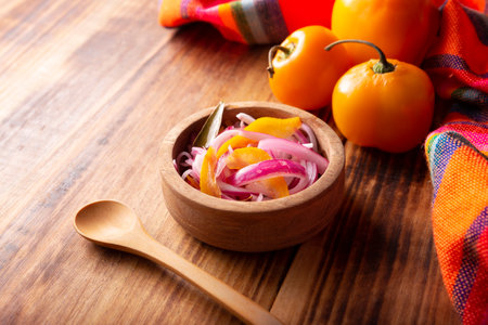Pickled onions. Chopped purple onion with manzano chili and spices, a very popular preparation in Mexico to accompany a wide variety of dishesの写真素材