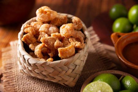 pork rinds Deep fried pork rinds, crispy pork skin pieces, traditional Mexican ingredient or snack served with lemon juice and red hot chili sauce.の写真素材
