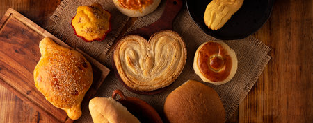 Variety of traditional Mexican sweet bread, Hojaldra, Bisquet, Cocol, Chino, Oreja, Cacahuate, made by hand, in Mexico it is called Pan Dulce and cannot be missing at breakfast or snack.の写真素材