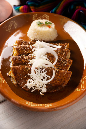 Chicken enmoladas. Also known as mole poblano enchiladas, they are a typical Mexican dish that is very popular in Mexico and the rest of the world.の写真素材