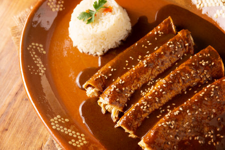 Chicken enmoladas. Also known as mole poblano enchiladas, they are a typical Mexican dish that is very popular in Mexico and the rest of the world. Table top view.の写真素材