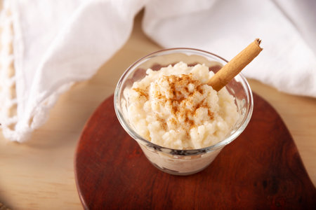 Rice pudding. Sweet dish made by cooking rice in milk and sugar, some recipes include cinnamon, vanilla or other ingredients, it is a very easy dessert to make and very popular all over the world.の写真素材