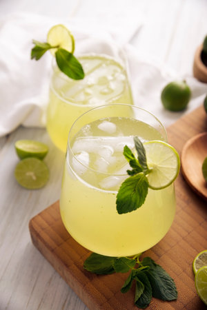 Homemade lemonade with organic lemons and mint, a popular refreshing drink in many countries. in Mexico it is part of their traditional Aguas Frescas, where it is called Agua de Limon.の写真素材