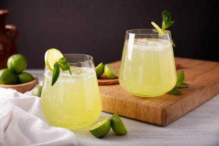 Homemade lemonade with organic lemons and mint, a popular refreshing drink in many countries. in Mexico it is part of their traditional Aguas Frescas, where it is called Agua de Limon.の写真素材
