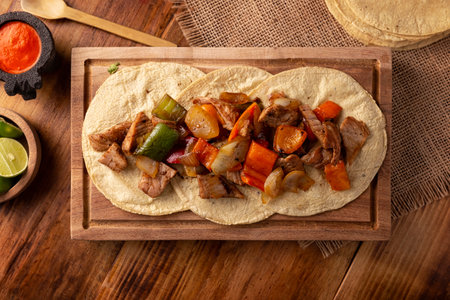 Alambre de Res. Very popular recipe in Mexico, similar to fajitas, the main ingredients are pieces of meat, onion, bacon and peppers, roasted on the grill, commonly eaten in tacos. Table top view.の写真素材
