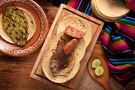 Roast meat tacos with Chorizo. Very popular dish in northern Mexico, also called Carne Asada, Asado, Discada or Parrillada, is a cooking technique in which food is exposed to the heat of the embers.の写真素材