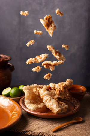 Pork rinds falling on clay plate. Crispy Fried pork rind, are pieces of aired and fried pork skin, traditional Mexican ingredient or snack served with lime juice and red hot sauce.の写真素材