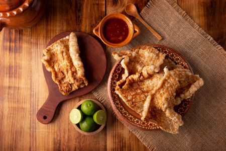 Pork rind. Crispy Fried pork rind, are pieces of aired and fried pork skin, traditional Mexican ingredient or snack served with lime juice and red hot sauce. top view.の写真素材