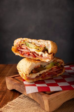 Mexican Cake. Sandwich made with common bread in Mexico, it can be telera, bolillo or bagette, split in half and filled with various ingredients, in this case spicy pork leg with Oaxaca cheese.の写真素材