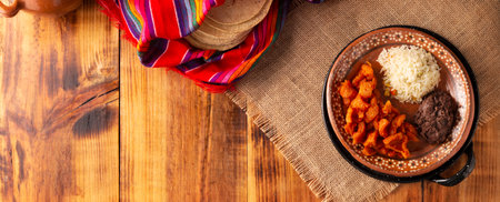 Pork rinds stewed in red sauce accompanied by rice and refried beans. Traditional homemade dish very popular in Mexico, this dish is part of the popular Tacos de Guisado.の写真素材