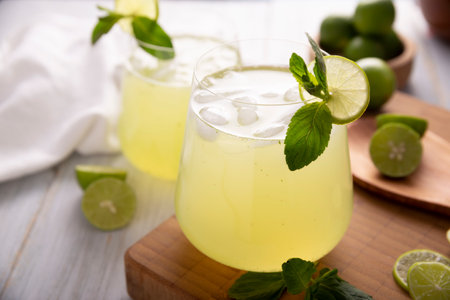 Homemade lemonade with organic lemons and mint, a popular refreshing drink in many countries. in Mexico it is part of their traditional Aguas Frescas, where it is called Agua de Limon.の写真素材