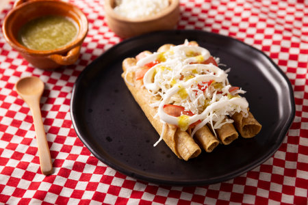 Golden tacos. Mexican dish also known as Flautas, consists of a rolled corn tortilla with some...