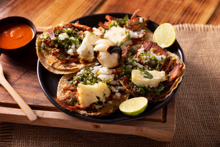 Tacos al pastor. Also known as Tacos de Trompo, they are the most popular type of street tacos in Mexico, commonly made with pork and beef marinated with achiote.の写真素材