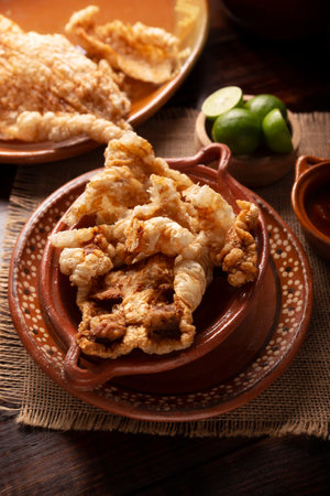 Pork rind. Crispy Fried pork rind, are pieces of aired and fried pork skin, traditional Mexican ingredient or snack served with lime juice and red hot sauce.の写真素材