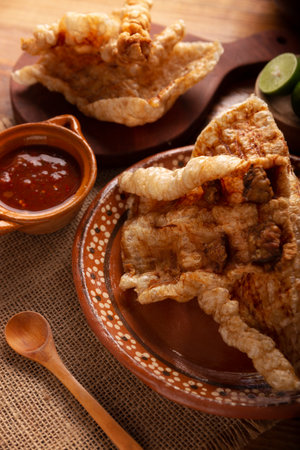 Pork rind. Crispy Fried pork rind, are pieces of aired and fried pork skin, traditional Mexican ingredient or snack served with lime juice and red hot sauce.の写真素材