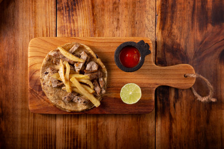 Beef steak taco with french fries. Very popular taco in Mexico called Taco de Bistec or Carne Asada,...