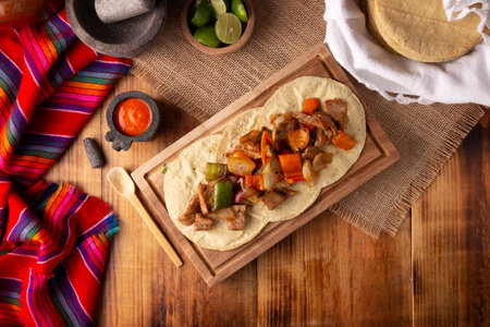 Fajita Tacos, in Mexico it is also called Alambre de Res. Very popular recipe, the main ingredients are pieces of meat, onion, bacon and bell peppers, roasted on the grill.の写真素材