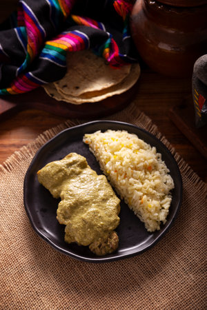 Pipian, also known as Mole Verde, food from Mexico and other Latin American countries, chicken meat bathed in mole sauce made with pumpkin seeds, dried chili peppers and several other ingredients.の写真素材