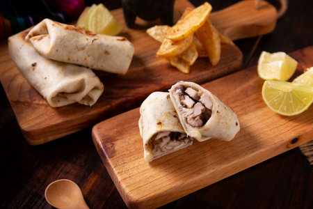 Burritos. Wrapped wheat flour tortilla, can be filled with various ingredients such as scrambled eggs or minced meat, beans and vegetables, a very popular dish in Mexico and the southern USA.の写真素材