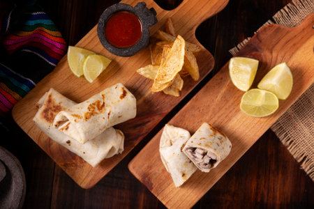 Burritos. Wrapped wheat flour tortilla, can be filled with various ingredients such as scrambled eggs or minced meat, beans and vegetables, a very popular dish in Mexico and the southern USA.の写真素材