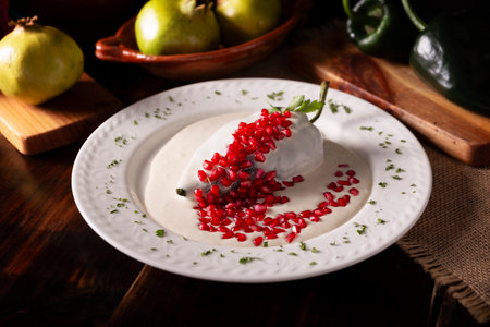 Chiles en Nogada, Typical dish from Mexico. Prepared with poblano chili stuffed with meat and fruits and topped with a walnut sauce. Named as the quintessential Mexican dish for national holidays.の写真素材