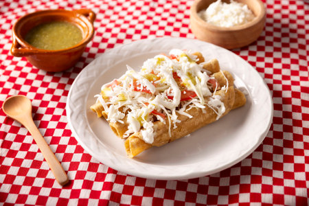Golden tacos. Mexican dish also known as Flautas, consists of a rolled corn tortilla with some filling, commonly chicken or beef or vegetarian options such as potatoes.の写真素材