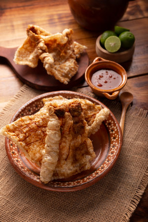 Pork rind. Crispy Fried pork rind, are pieces of aired and fried pork skin, traditional Mexican ingredient or snack served with lime juice and red hot sauce.の写真素材