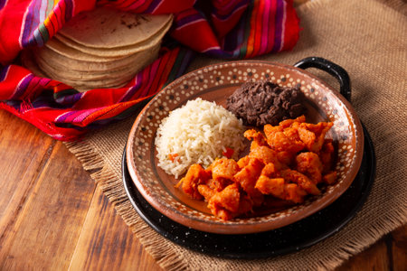 Pork rinds in red sauce. Pork rinds stewed in red sauce accompanied by rice and refried beans. Traditional homemade dish very popular in Mexico, this dish is part of the popular Tacos de Guisado.の写真素材