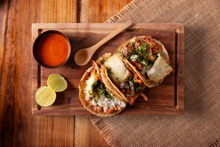 Tacos al pastor. Also known as Tacos de Trompo, they are the most popular type of street tacos in Mexico, commonly made with pork and beef marinated with achiote.の写真素材
