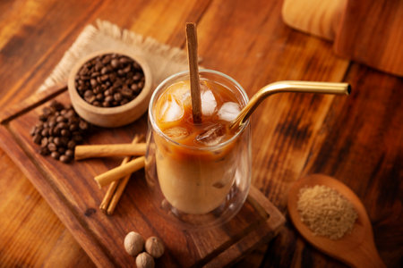 Iced coffee served in a double-walled glass cup and metal straw, a cold summer drink prepared with ice cubes and spices, cinnamon, nutmeg, vanilla, muscovado sugar and cream.の写真素材