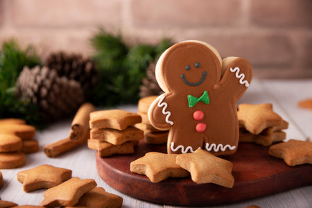 Christmas Homemade gingerbread man cookies, traditionally made at Christmas and the holidays.の写真素材