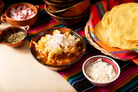Pozole. Traditional mexican soup very popular in mexico and neighboring countries. Made from cacahuazintle corn with meat and other ingredients depending on the region.の写真素材