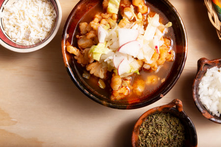 Pozole. Traditional mexican soup very popular in mexico and neighboring countries. Made from cacahuazintle corn with meat and other ingredients depending on the region.の写真素材